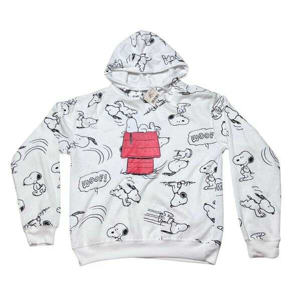 Peanuts Snoopy Woodstock Sweater Men Small All-Over Print Pullover Hoodie Used - Picture 1 of 5